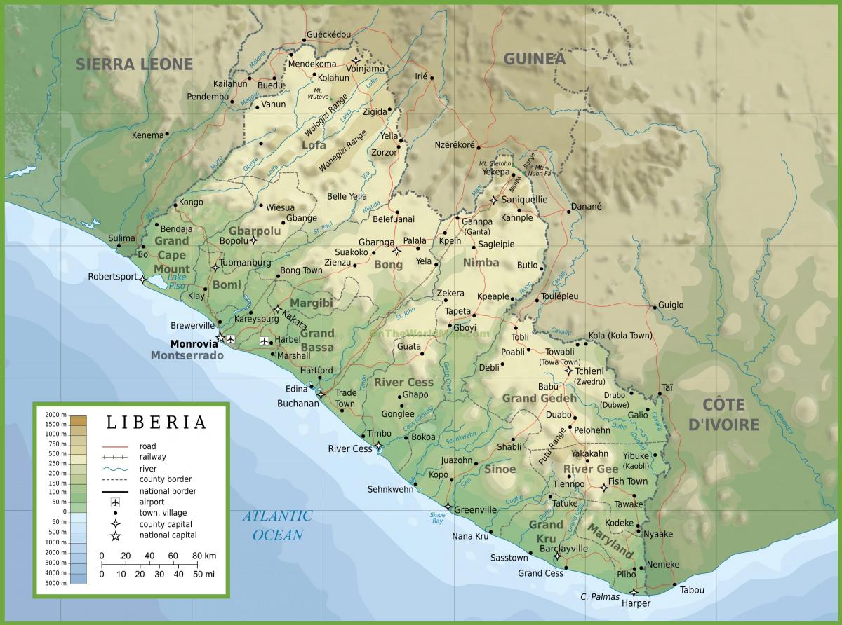 het tekenen van de fysieke kaart van Liberia