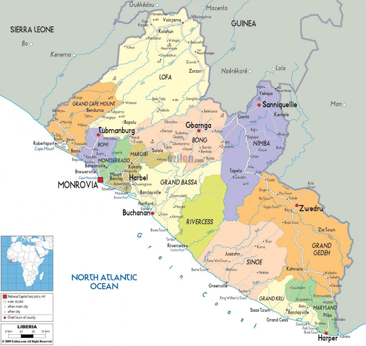 kaart van Liberia land